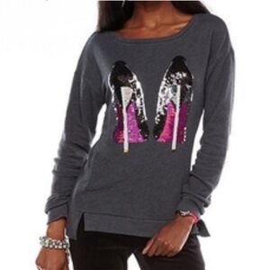 Juicy Couture Women's Sequin Heels Step Hem Grey Sweatshirt Sweater W1066 Sz M